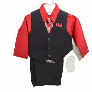 Gabriel Kids Boys 4-Pc Suit Set Solid Black Vest Pants Red Shirt Necktie 6M NWT